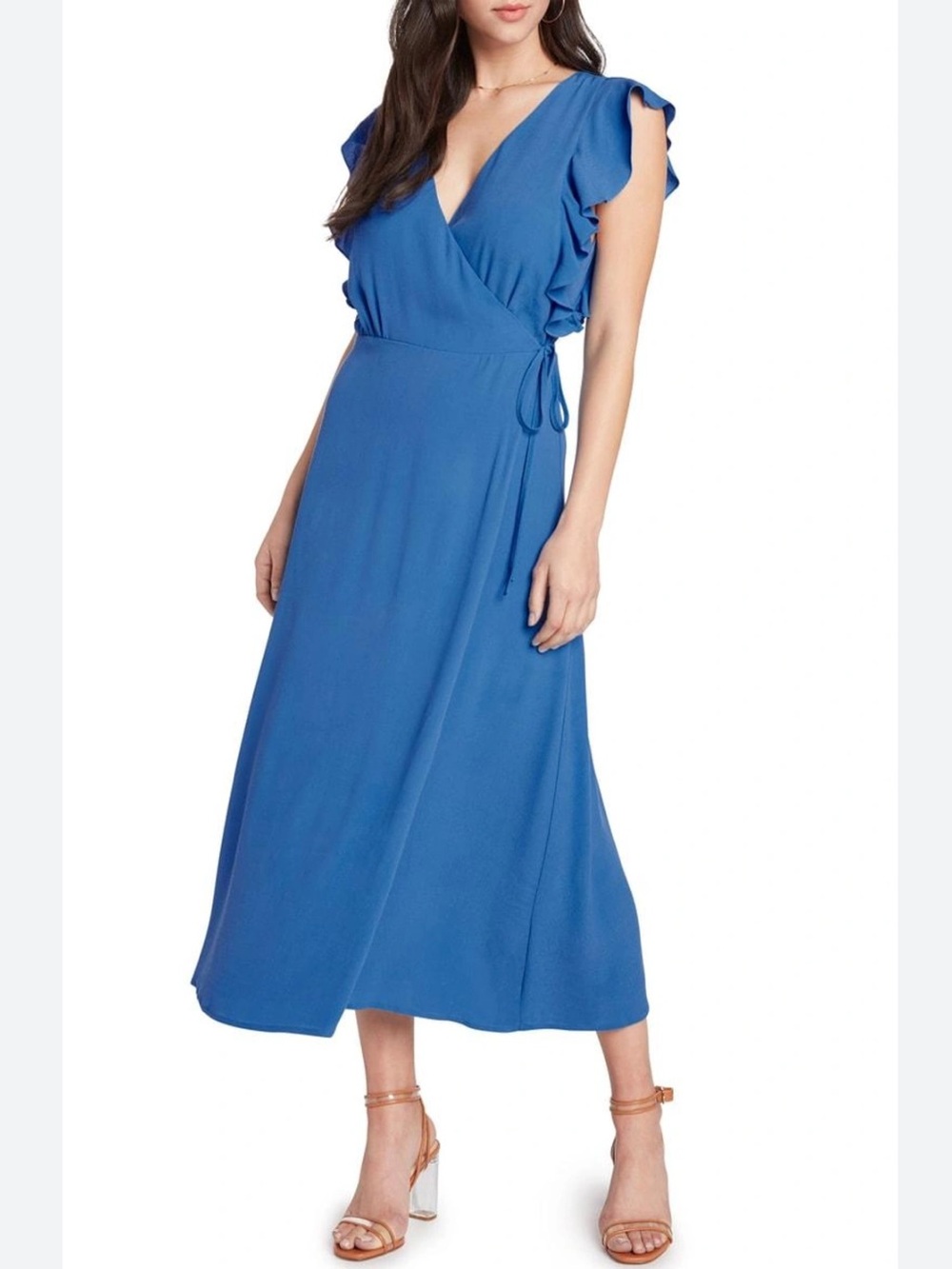 NWT Willow & Clay Aegean Blue Ruffle Sleeve Wrap Midi Dress Large
